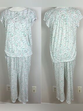 Eileen West Lace Trim Pyjama Set Floral Print‎ Womens Size Medium Modal Wide Leg